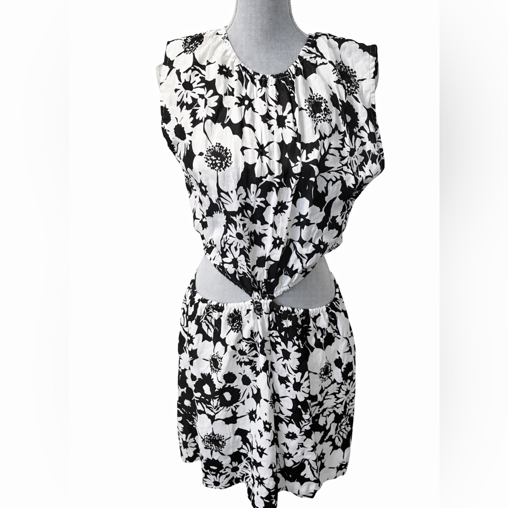 Faithfull The Brand 100% Linen Black Floral Cutout Mini Dress US 12